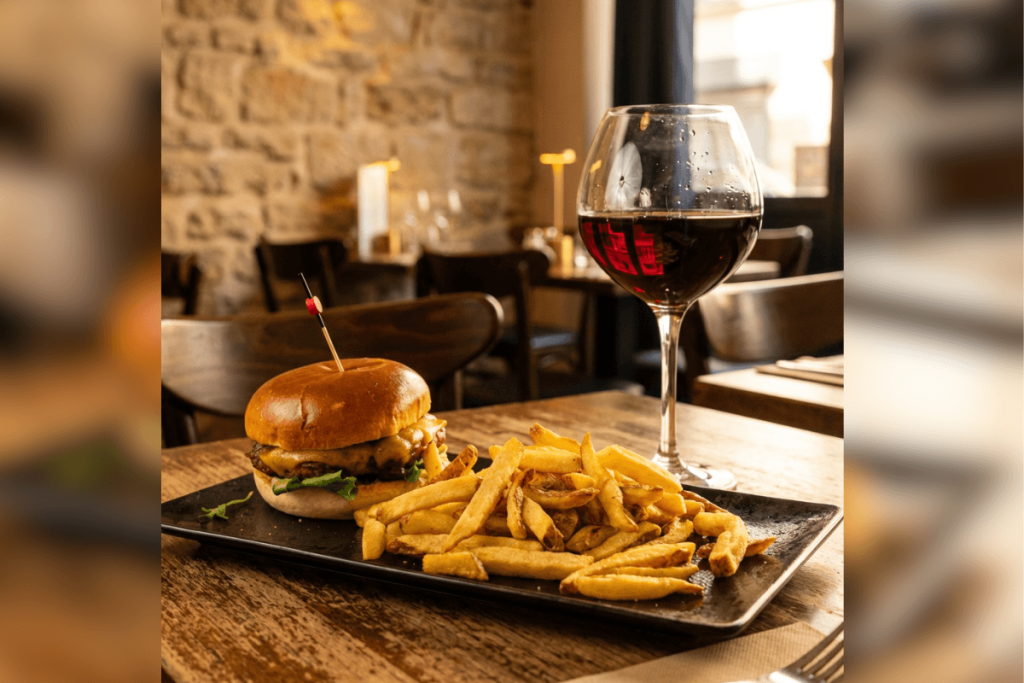 hamburger avec frites maison coupées au couteau